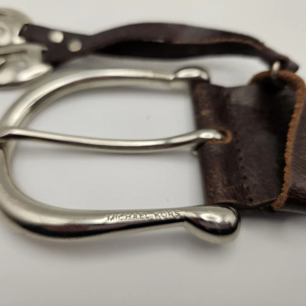 Michael Kors Braided Woven Leather Brown Belt Silver Buckle Large Western Boho